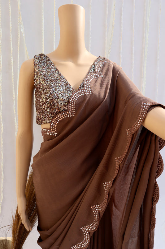 Brown Scalloped Border Saree