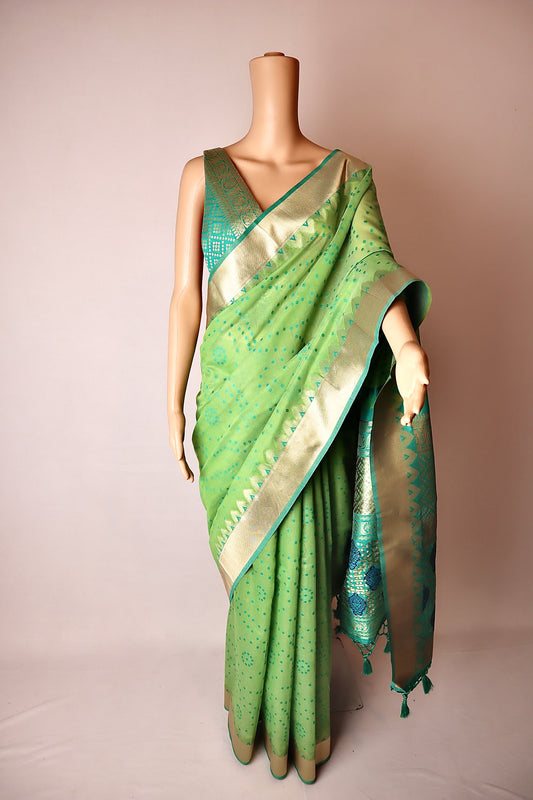 Cotton Zari Woven Blue-Green Saree