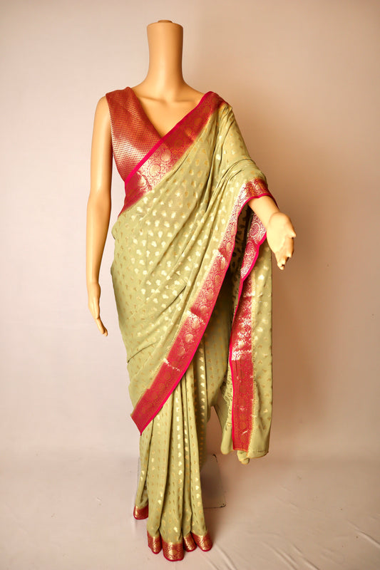 Dusty Green Zari Woven Saree