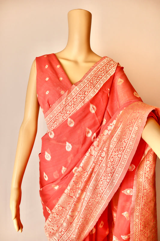 Red Pure Cotton Printed Saree - Vanesara