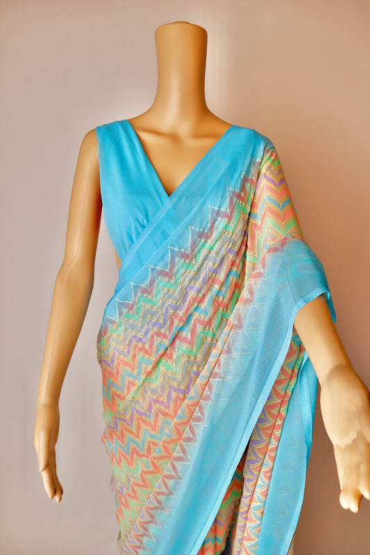 Blue printed georgette saree