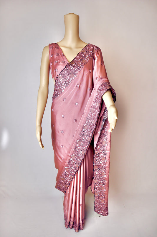 Thread work Pink saree with Swarovski touch