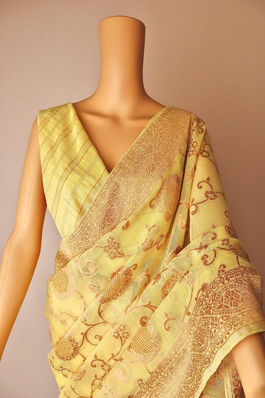 Yellow Printed Pure Cotton Saree - Vanesara