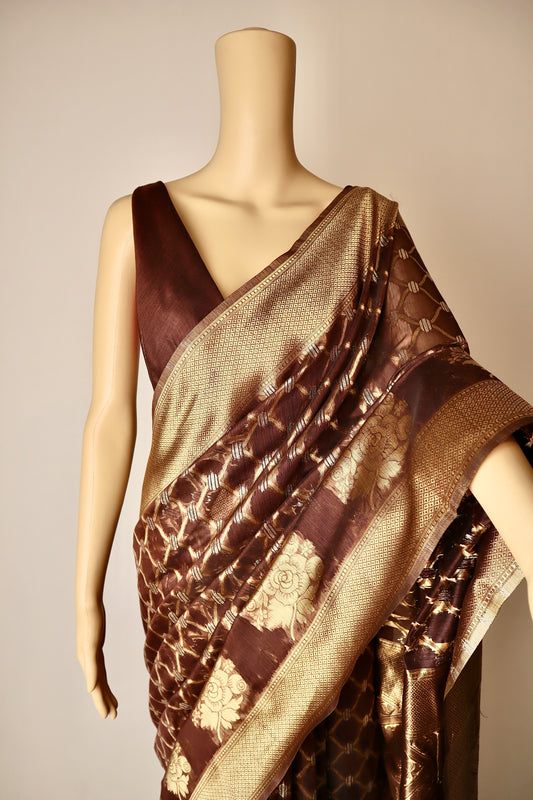 Brown Printed Pure Cotton Saree