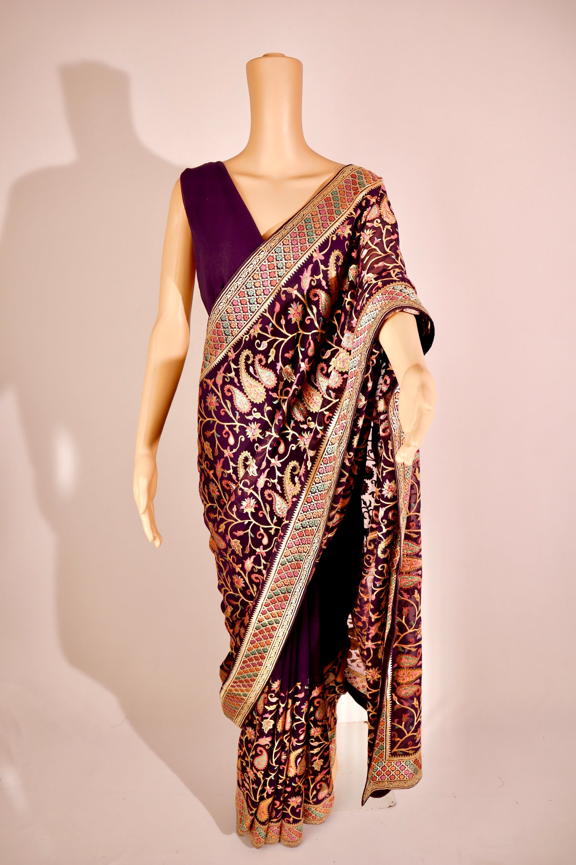 Floral Design Embroidered Purple Georgette Saree - Vanesara