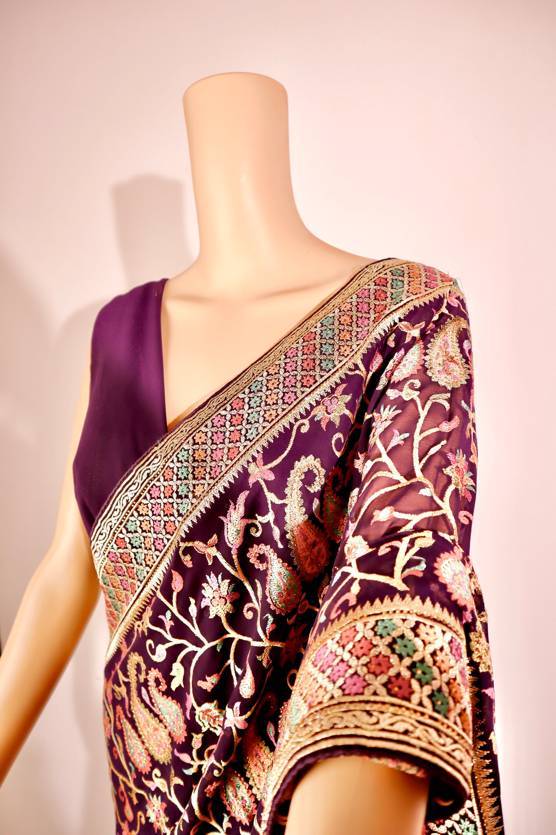 Floral Design Embroidered Purple Georgette Saree - Vanesara