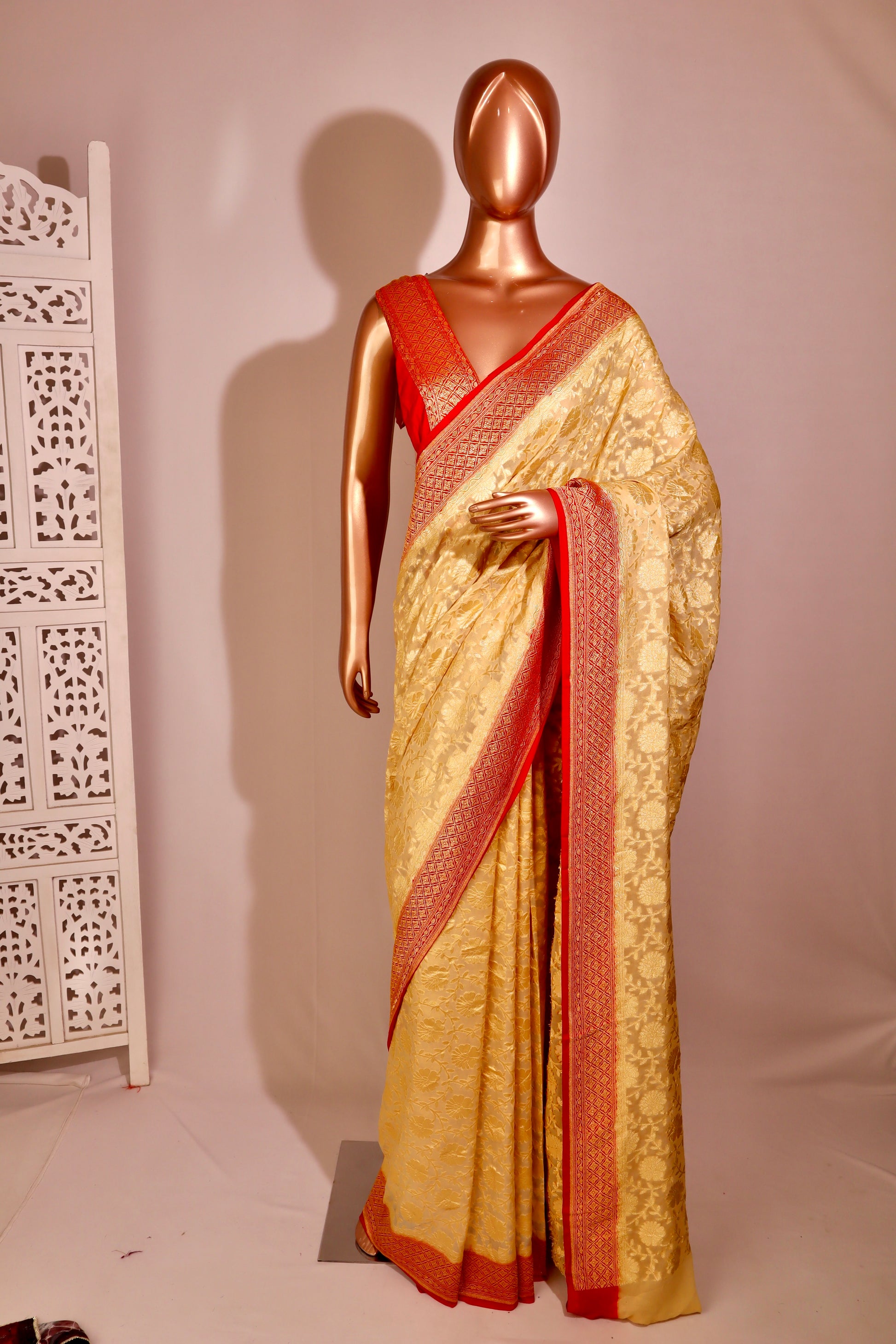 Red and Golden Pure Banarasi Saree - Vanesara