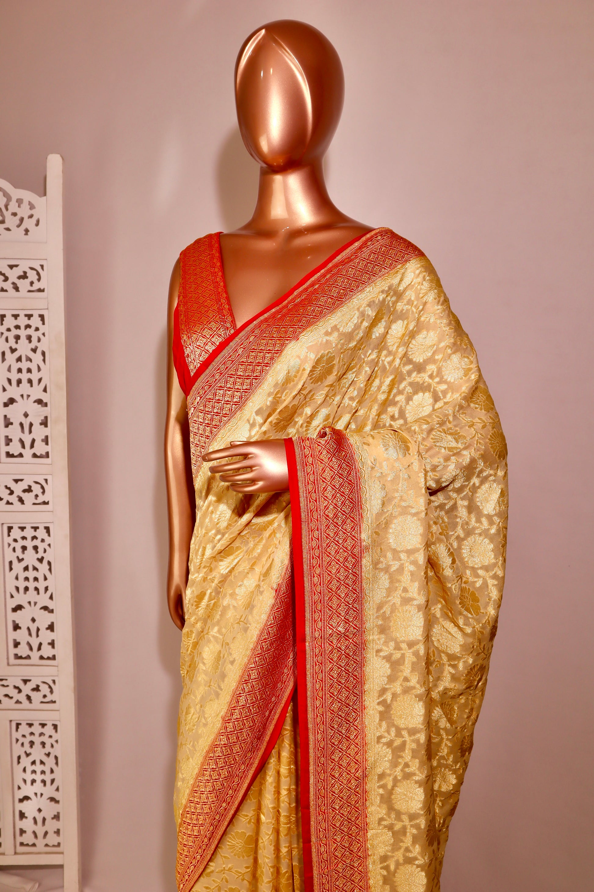 Red and Golden Pure Banarasi Saree - Vanesara