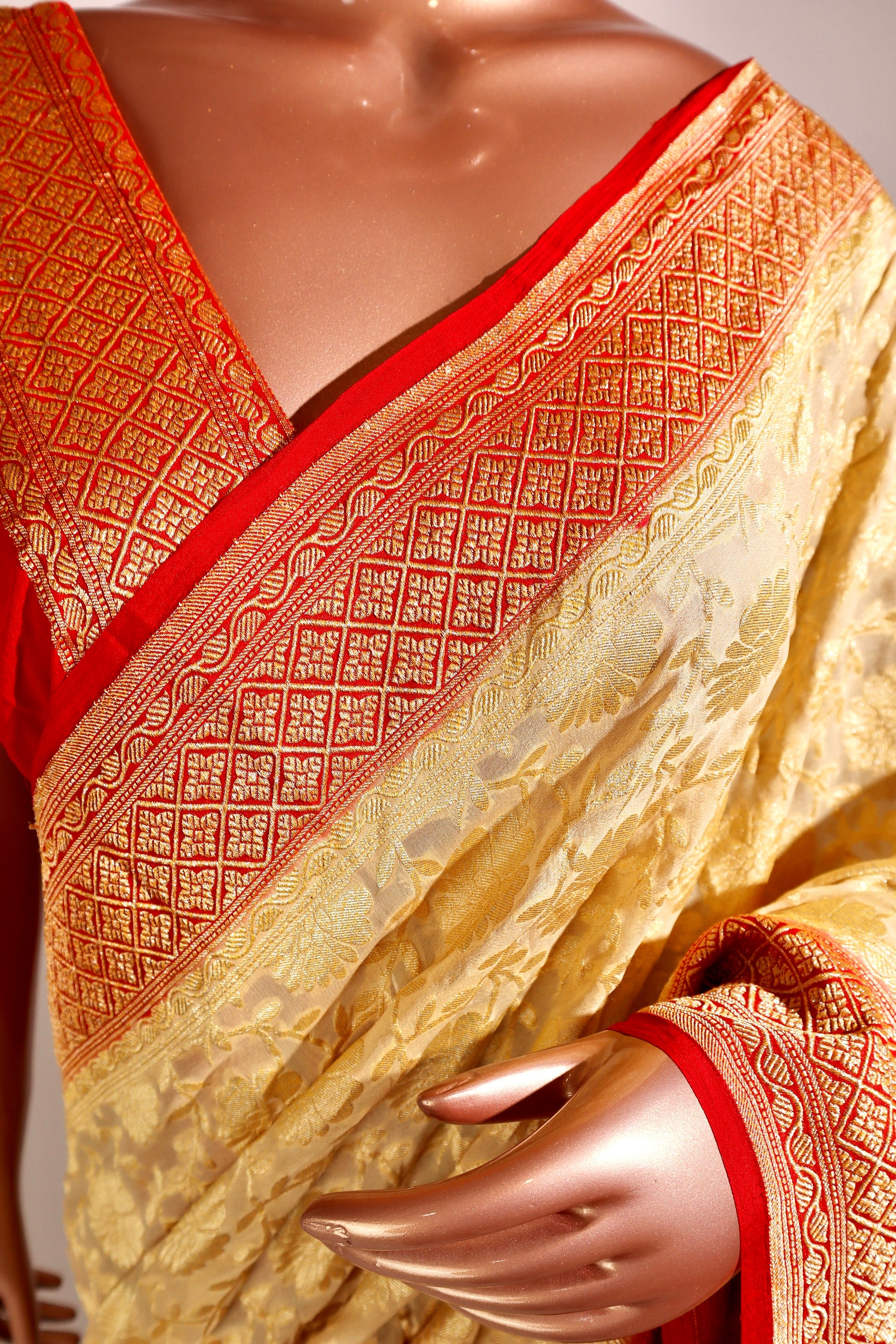 Red and Golden Pure Banarasi Saree - Vanesara