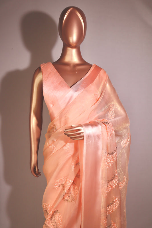Thread Work With Swarovski Touch Orange Saree - Vanesara