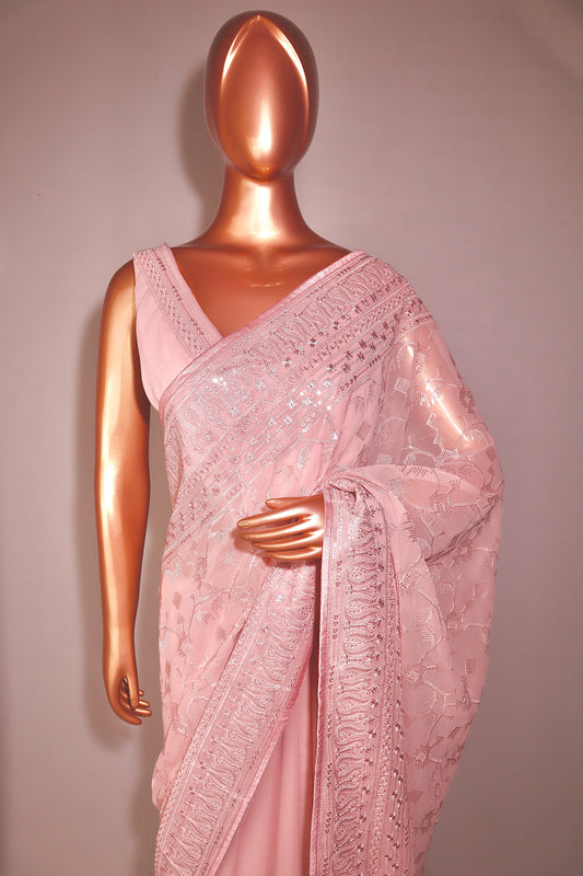 Pink Sequins Georgette Saree - Vanesara