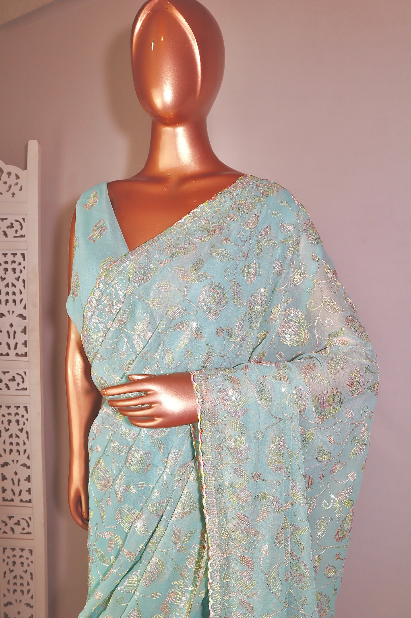 Floral Sequin Work Saree - Vanesara