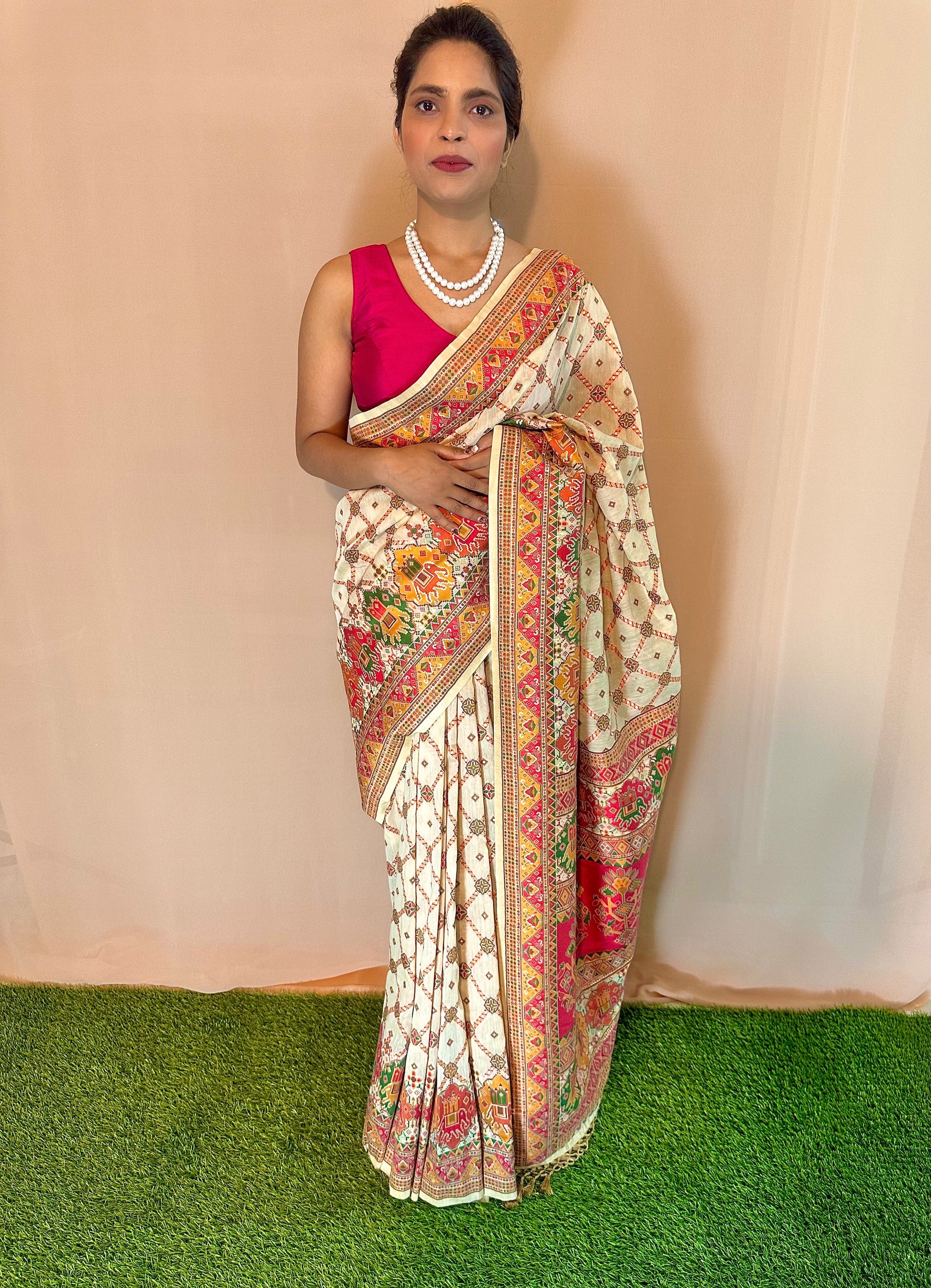 White Cotton Saree with All Over Zari Work - Vanesara