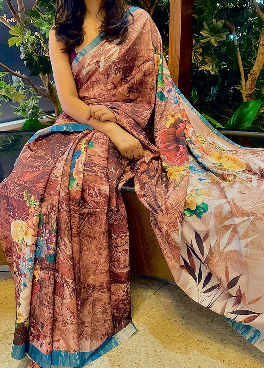 Abstract Print Brown Saree