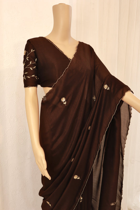 Brown Nysa Silk Floral Handwork Saree - Vanesara