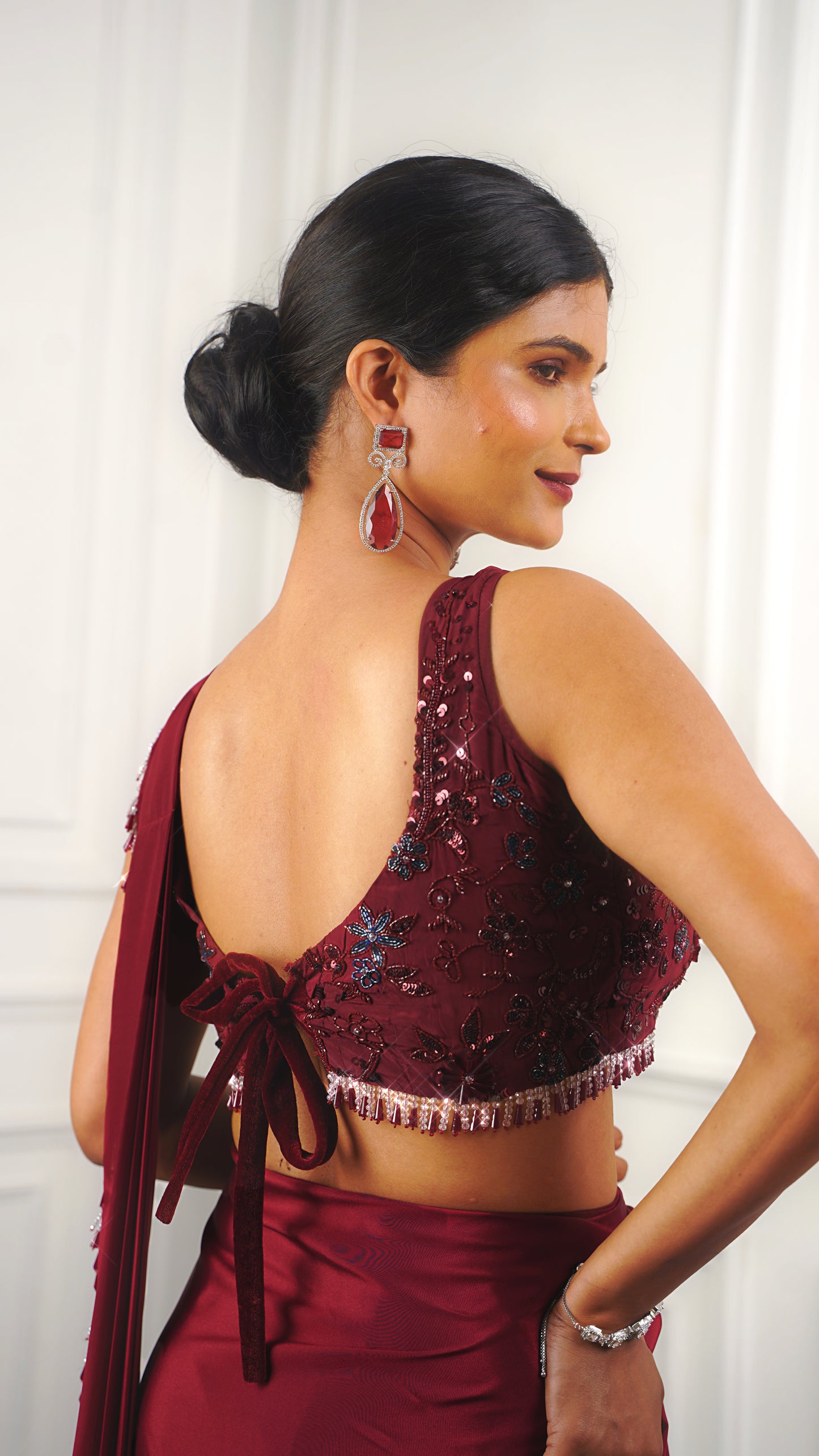 Predraped Maroon Lace Border Saree