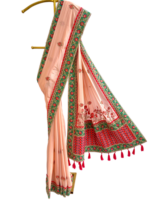 Sequin Embroidery Border Peach Saree - Vanesara