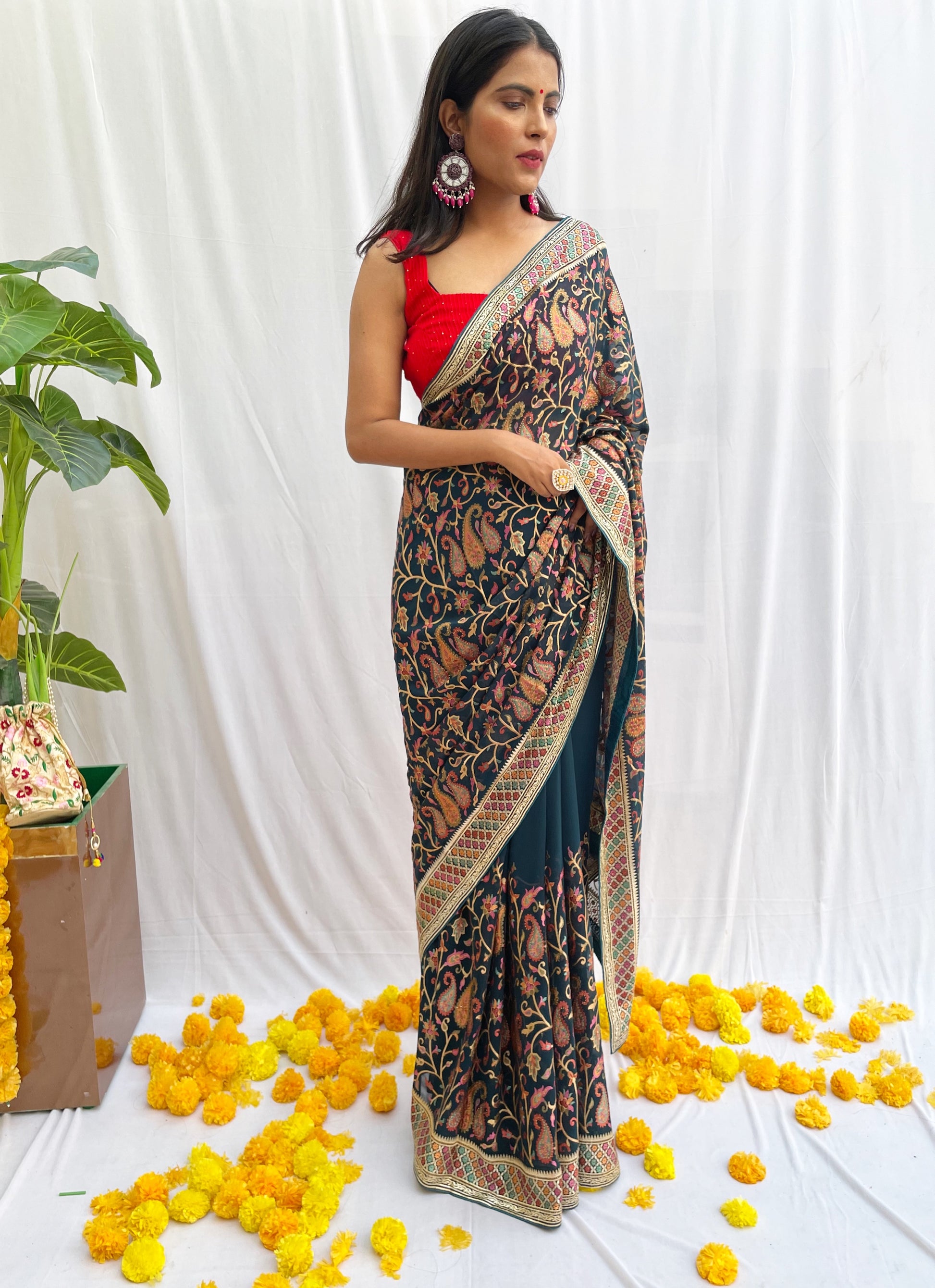 Floral Design Embroidered Blue Georgette Saree - Vanesara